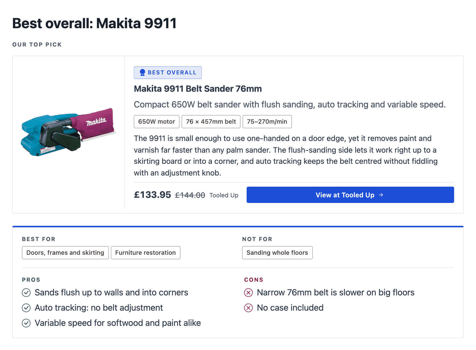 Clickwise product in a WordPress review post: product card with price, discount and buy button