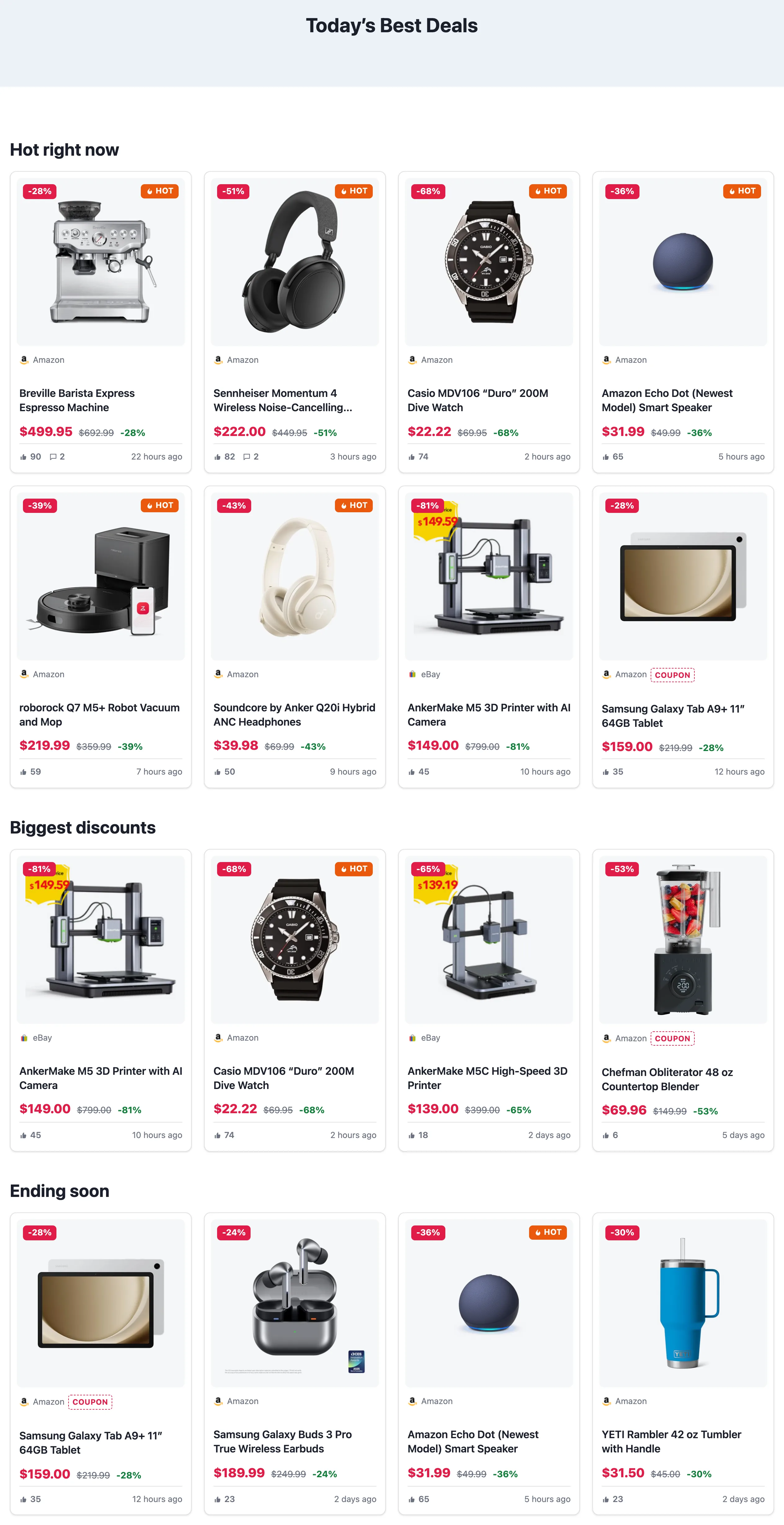 A page with three Deals blocks: Hot right now, Biggest discounts, Ending soon