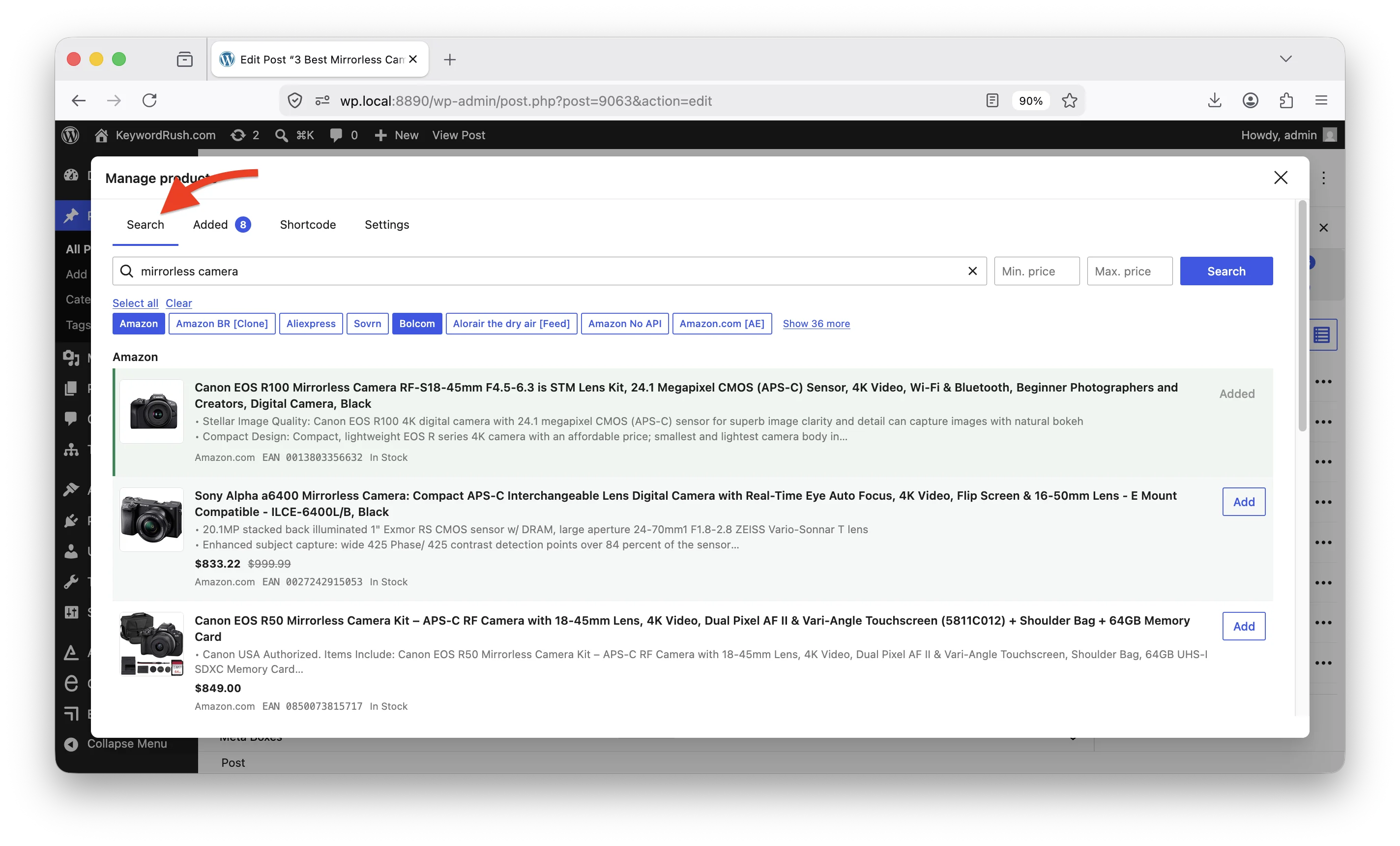 Searching for products and adding them to a post
