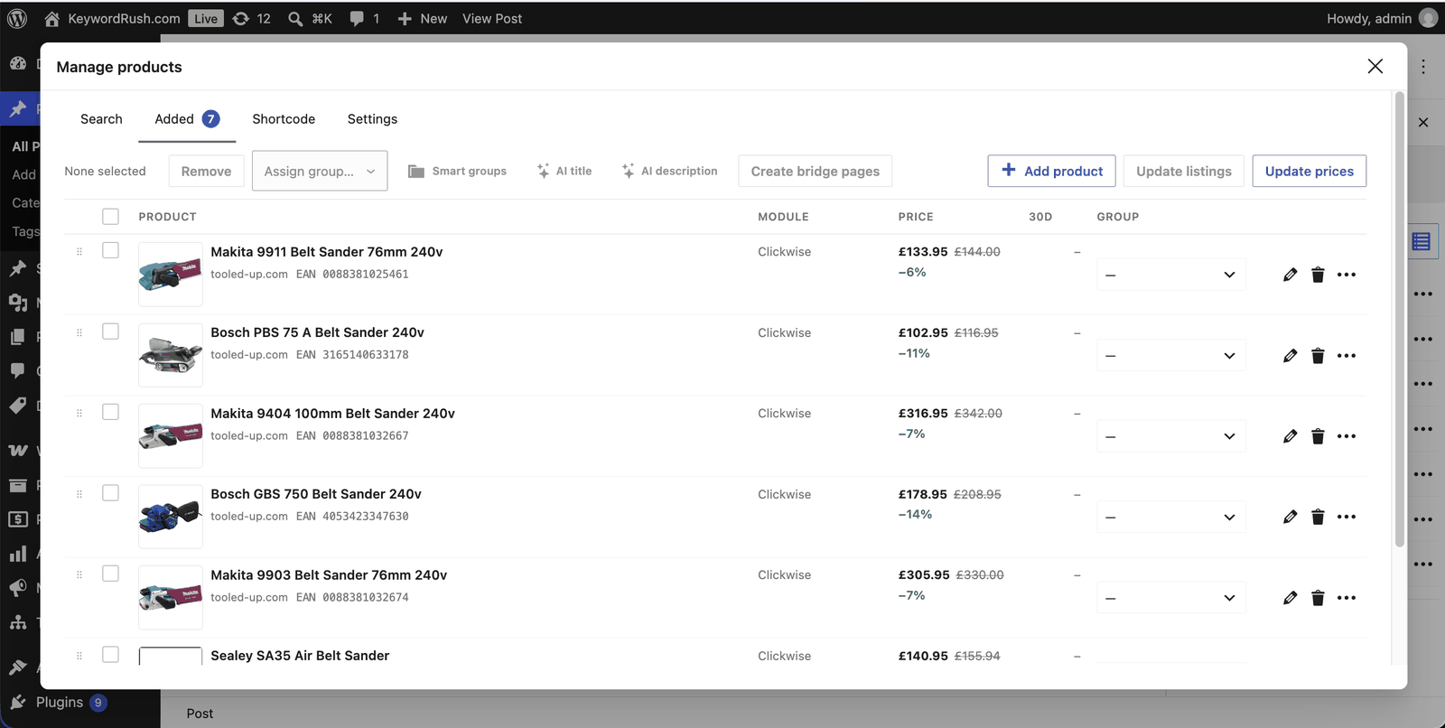 Clickwise products added to a WordPress post with prices, discounts and EANs