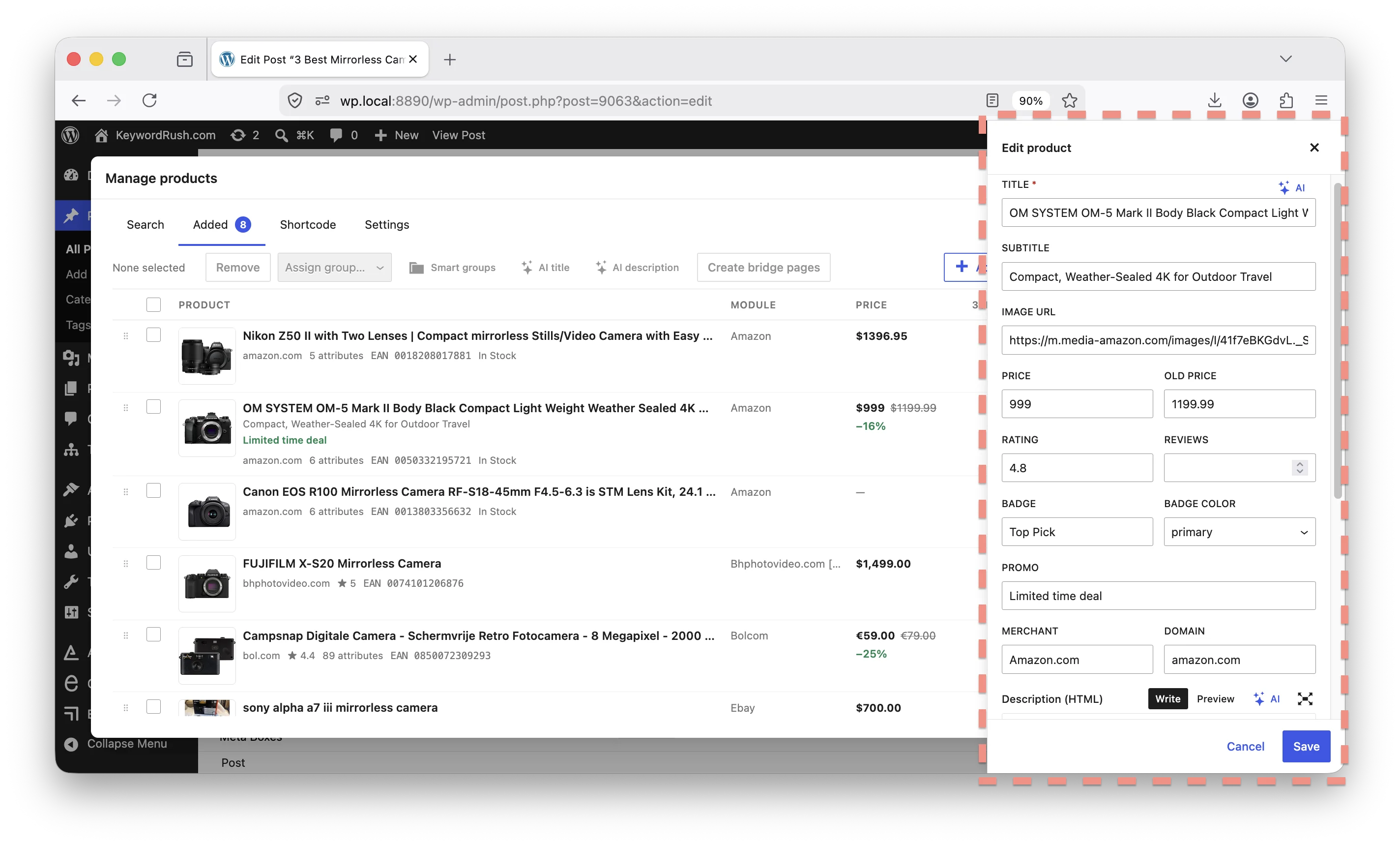 The product edit drawer with fields, description, and AI actions