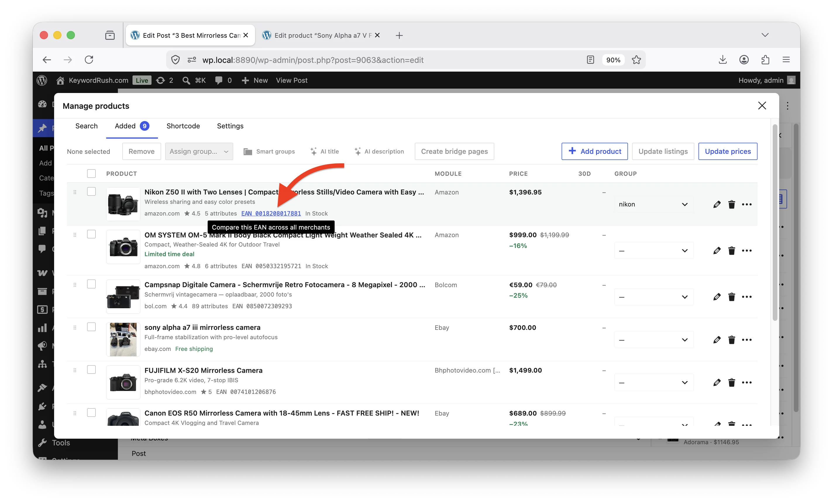 Clicking an EAN in search results to search all EAN-capable modules