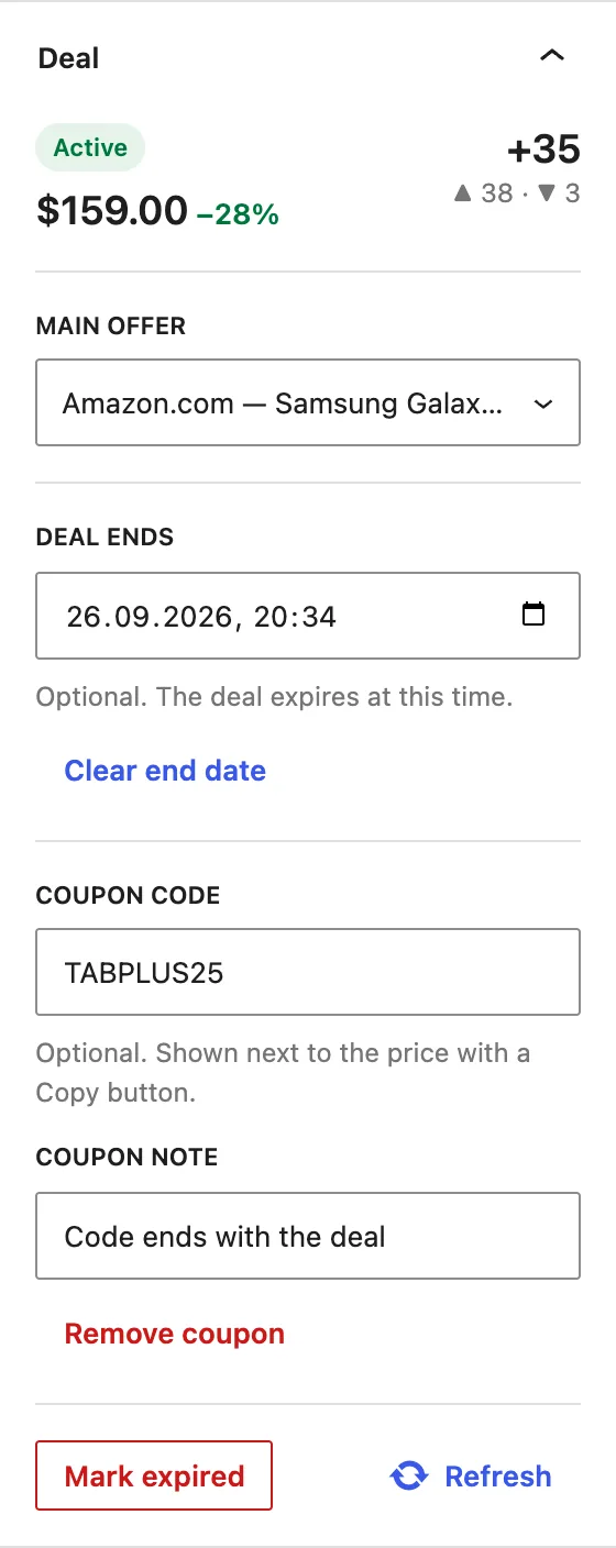 The Deal panel in the block editor sidebar: status, price and score, main offer, end date, coupon code and note