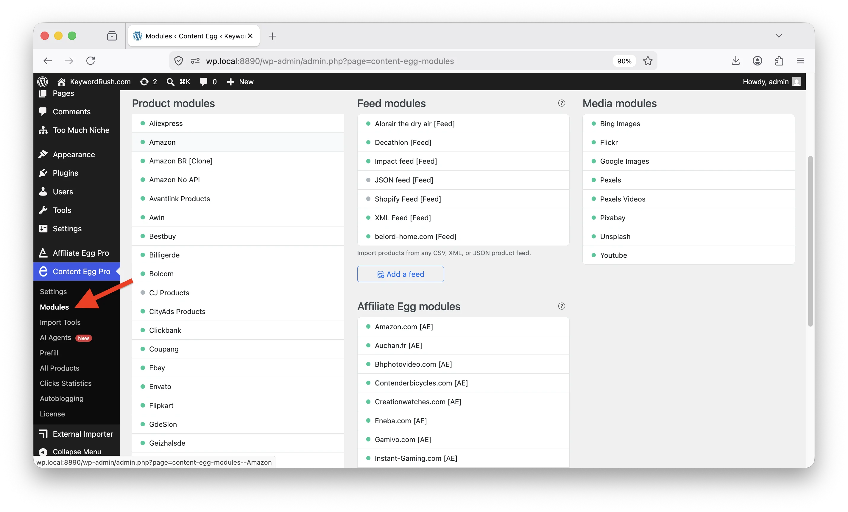 The Content Egg Modules page