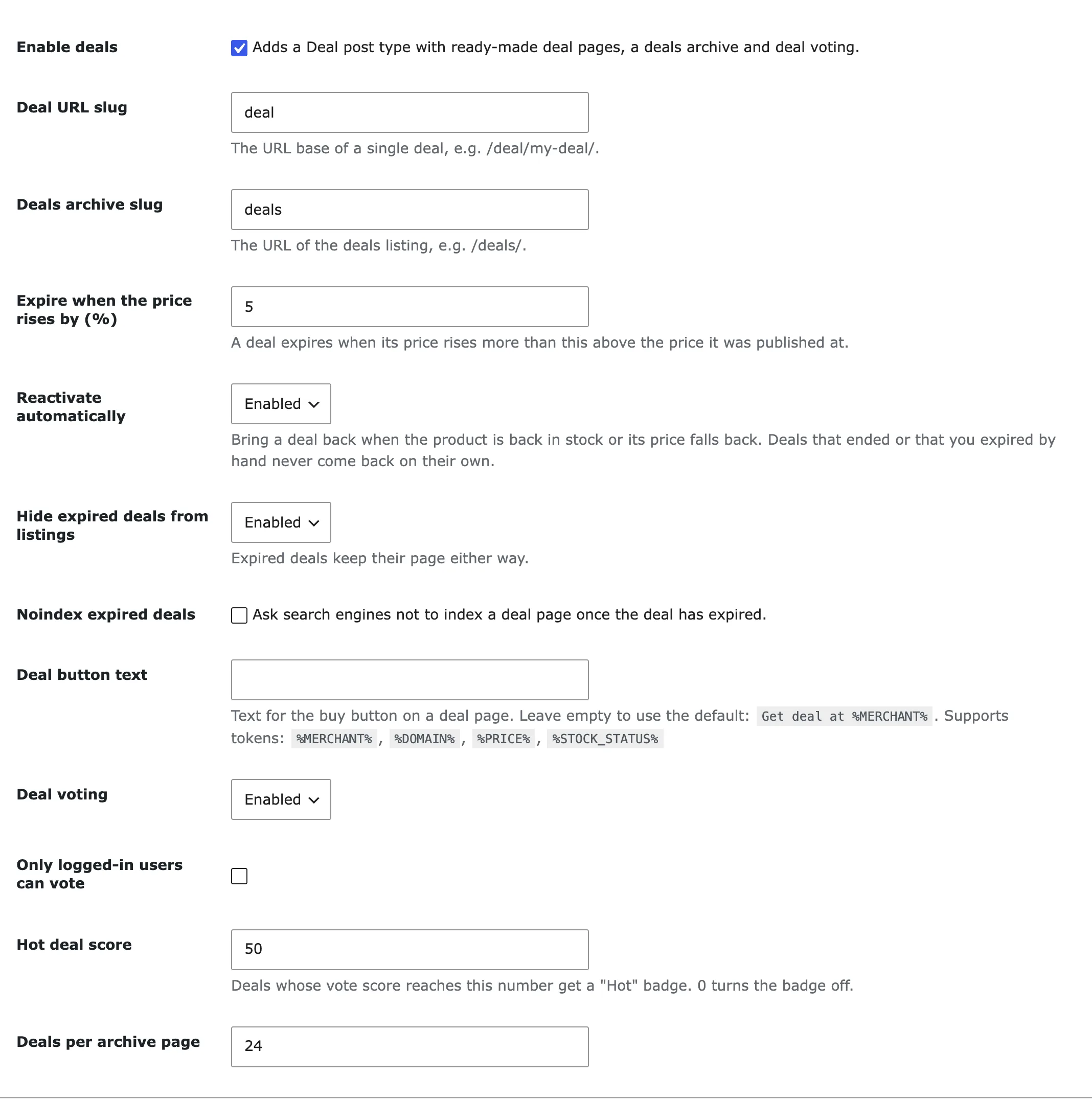 The Deals section of Content Egg settings
