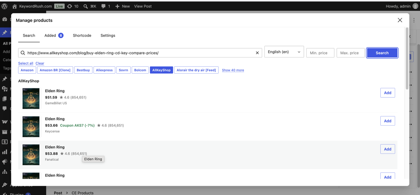 Searching AllKeyShop by pasting a product page URL