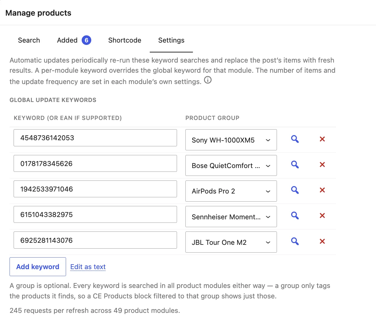 The Settings tab with five EAN keywords, each assigned to its own product group