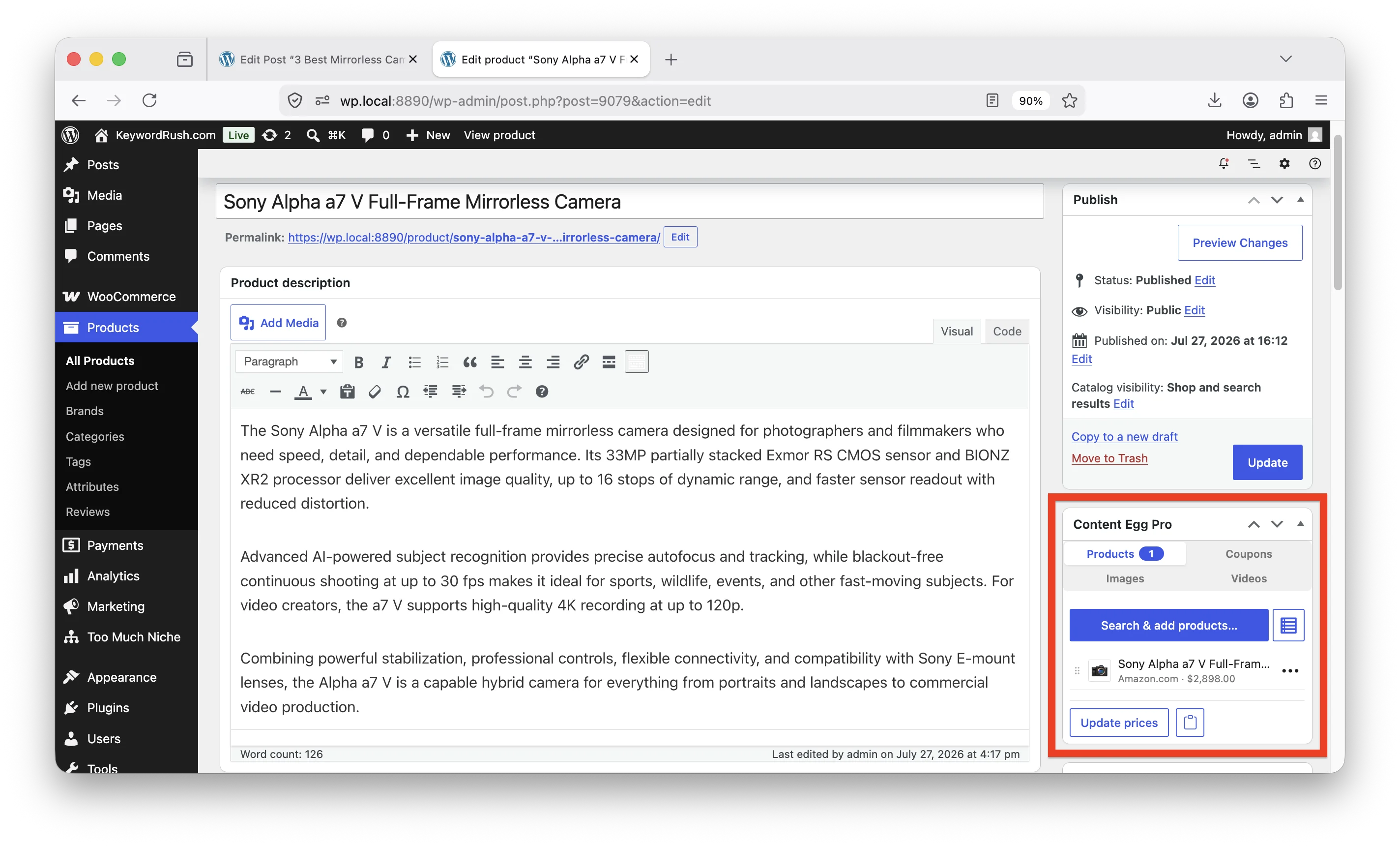 The Content Egg Product Manager in the right sidebar of the classic editor