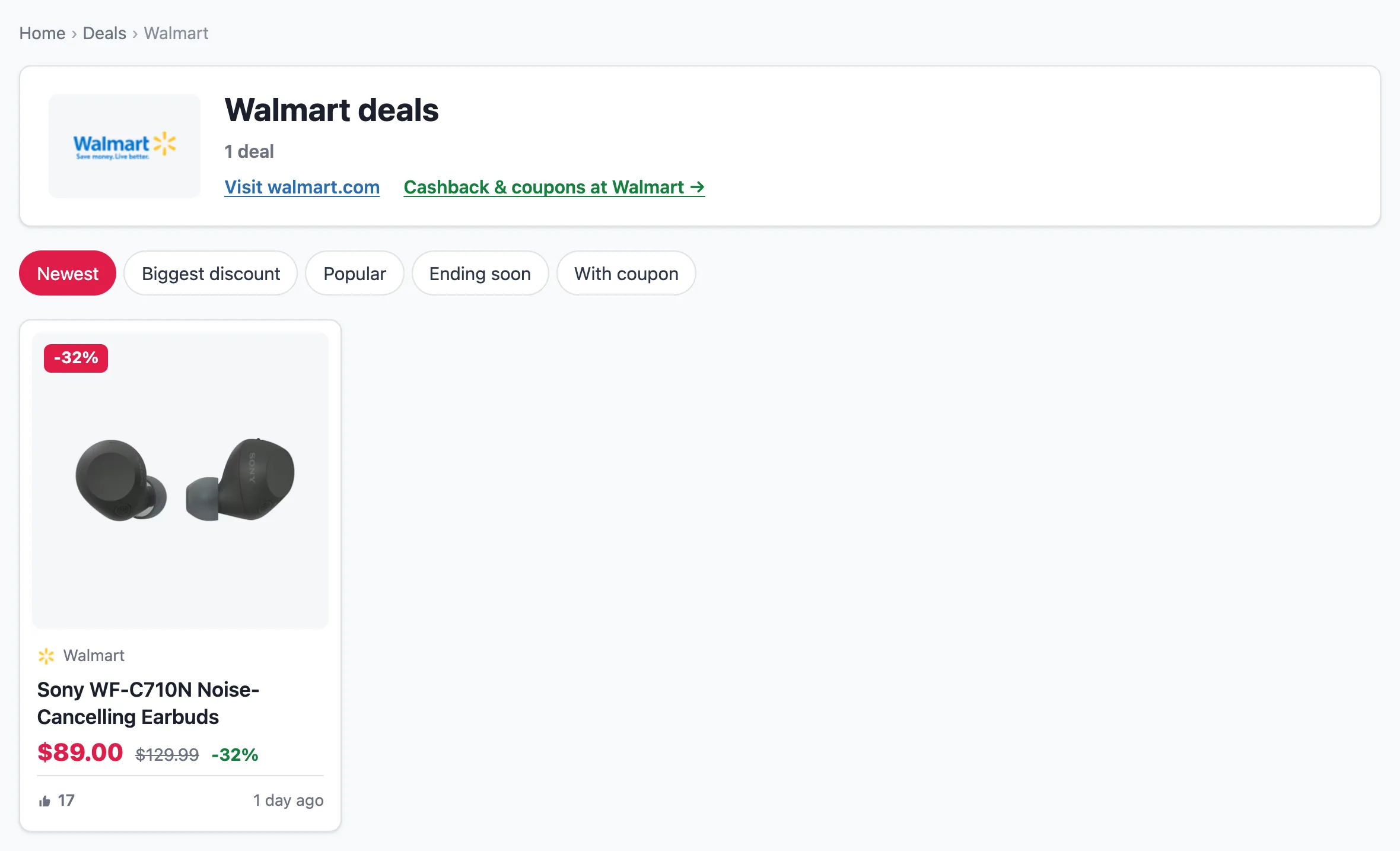 A store page: breadcrumbs, the Walmart logo, deal count, Visit walmart.com and a Cashback & coupons at Walmart link, then the store's deals