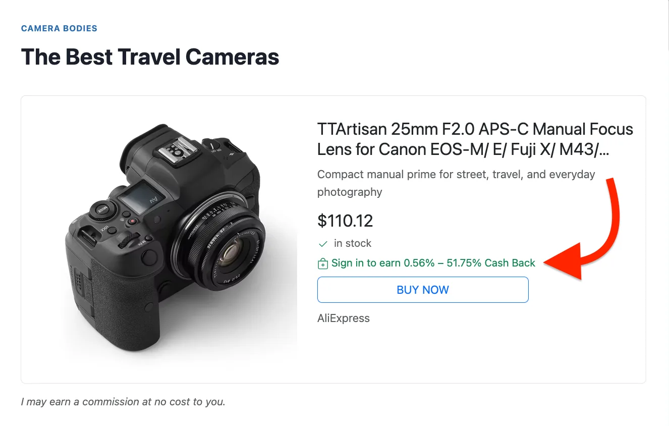 A product card showing the line "Sign in to earn 0.56% – 51.75% Cash Back" under the price
