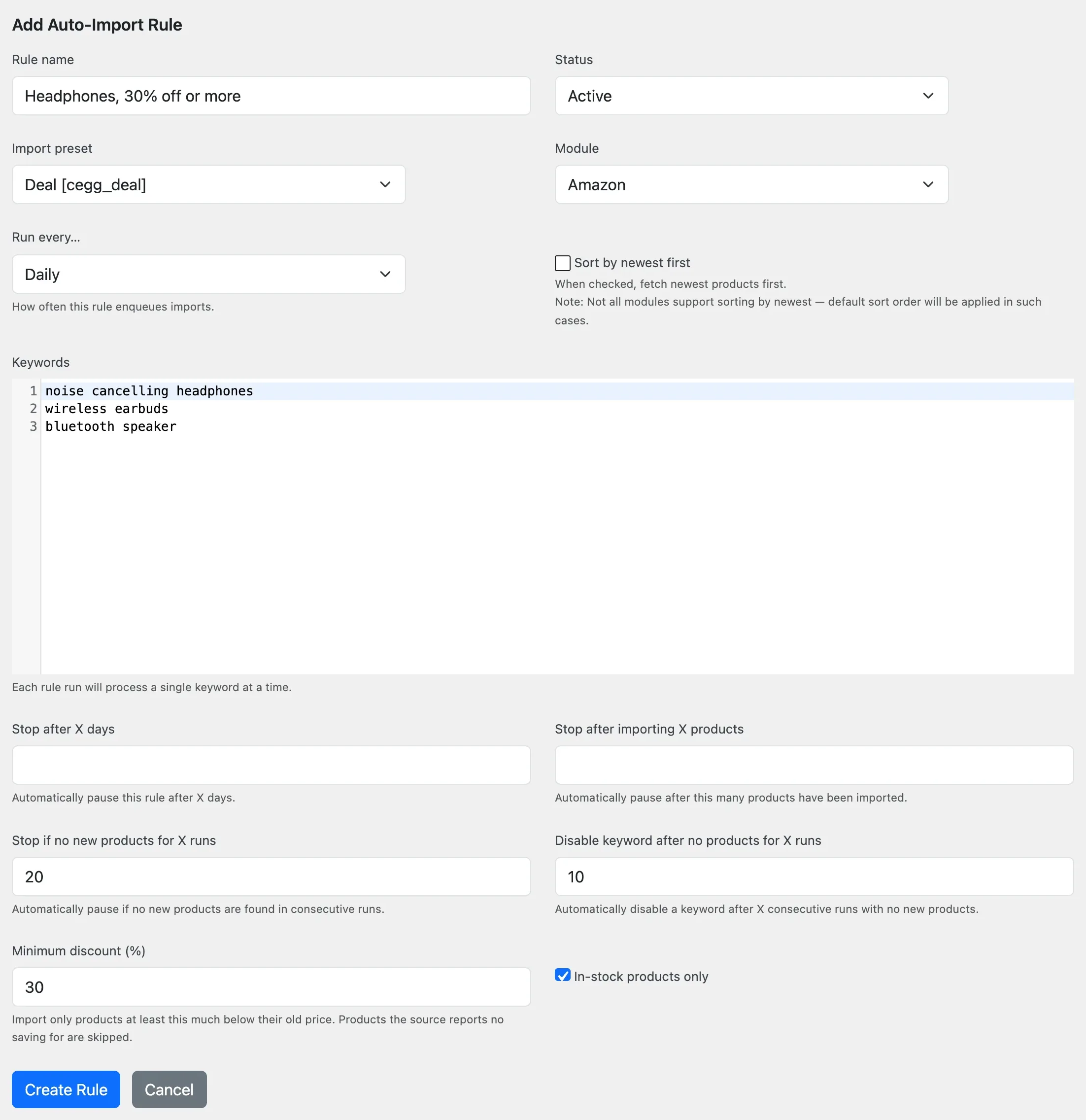 An auto-import rule with Minimum discount and In-stock products only