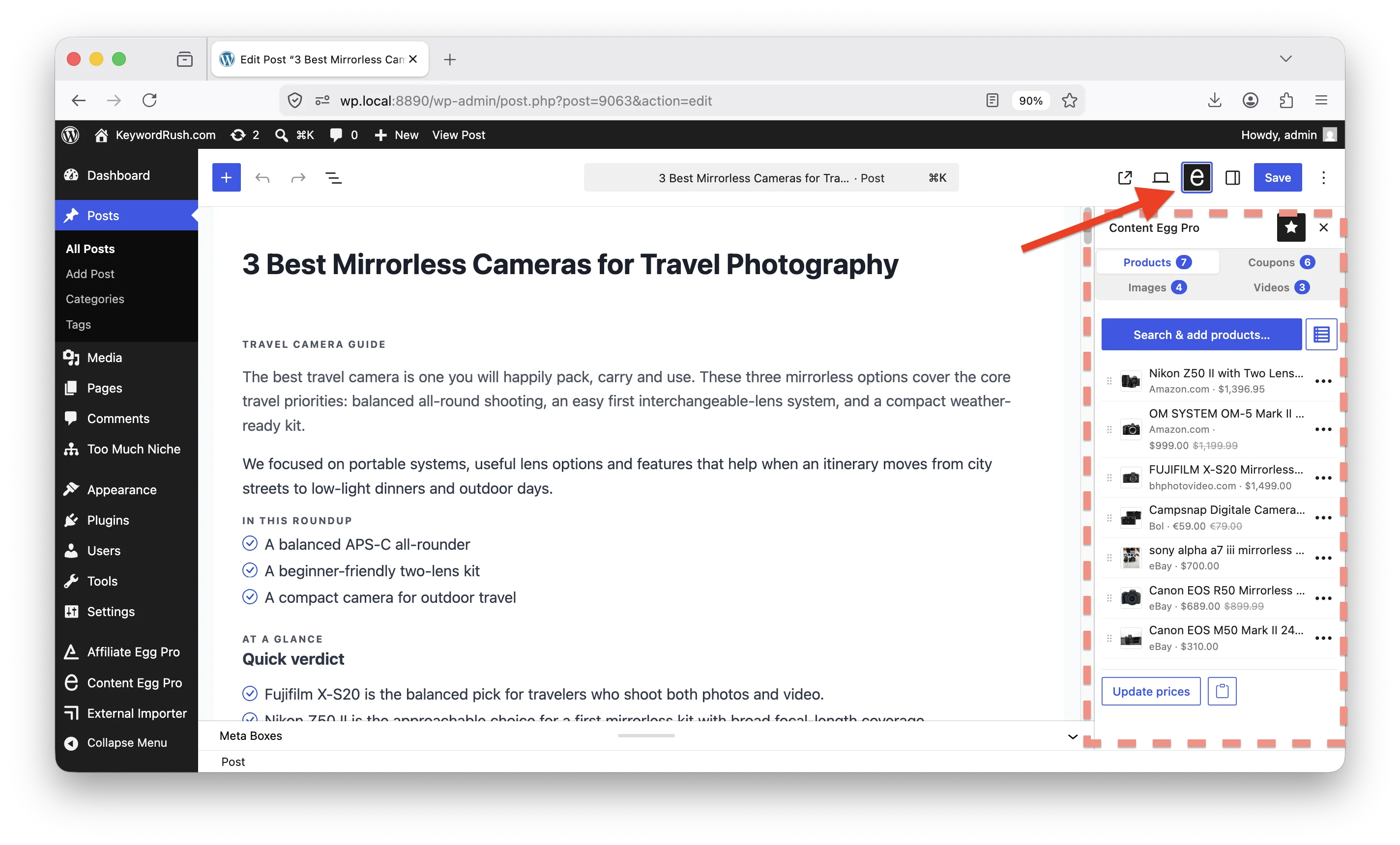 The Content Egg panel in the block editor, listing attached products