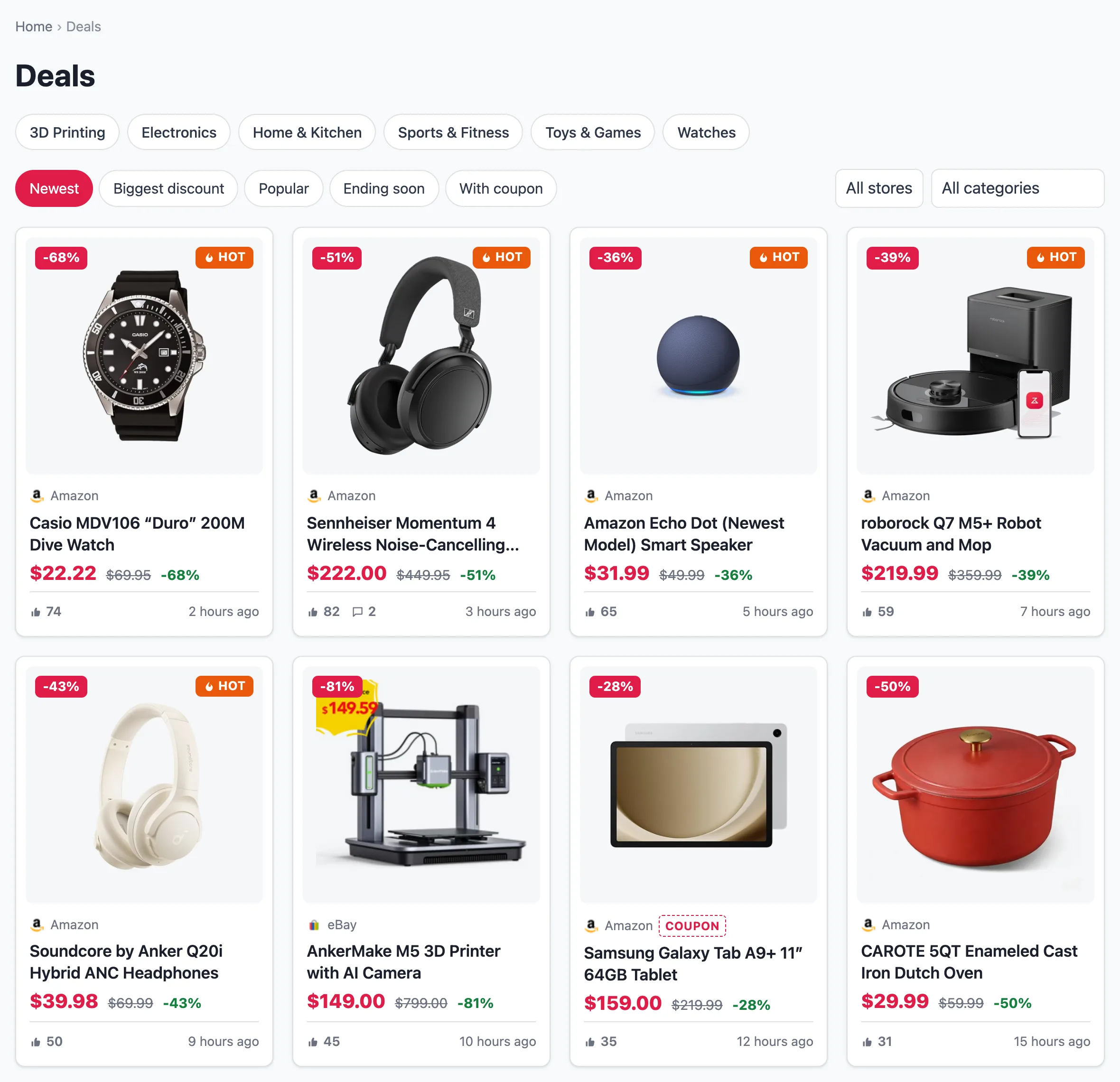 The deals archive with sort links, store and category filters and a grid of deal cards