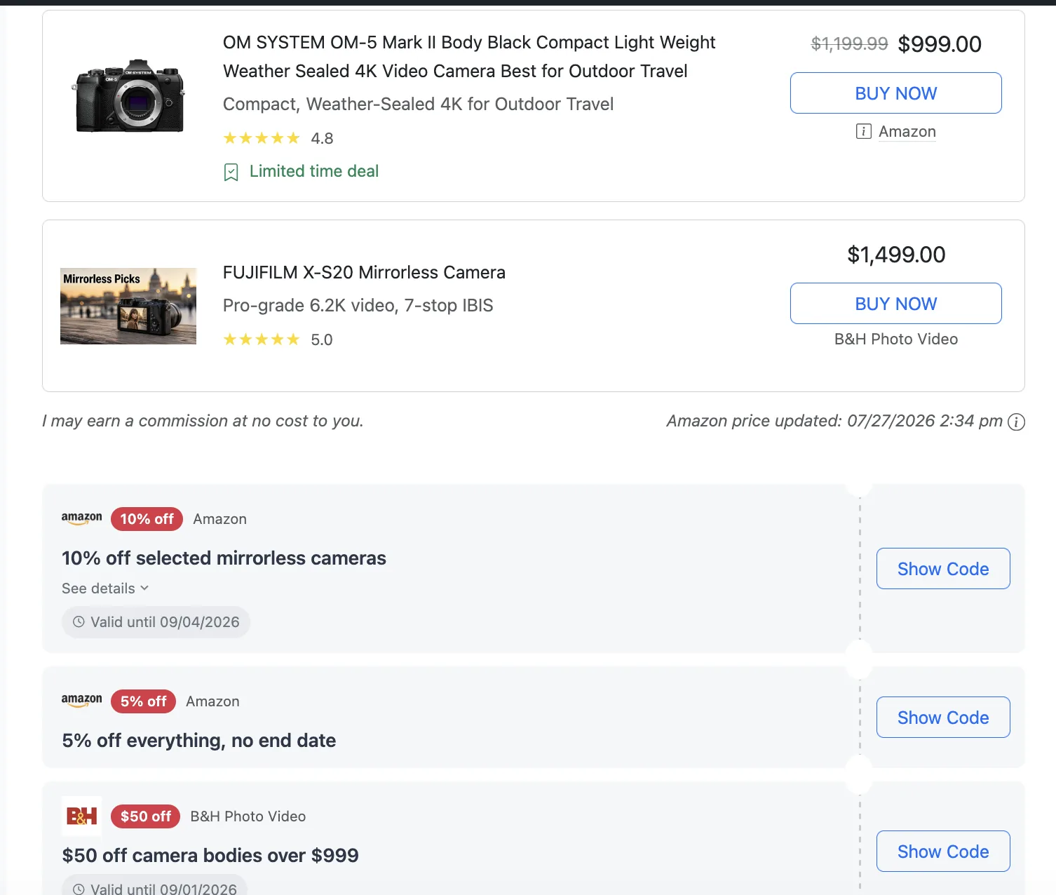 Coupon cards rendered under a product list, each with a Show Code button