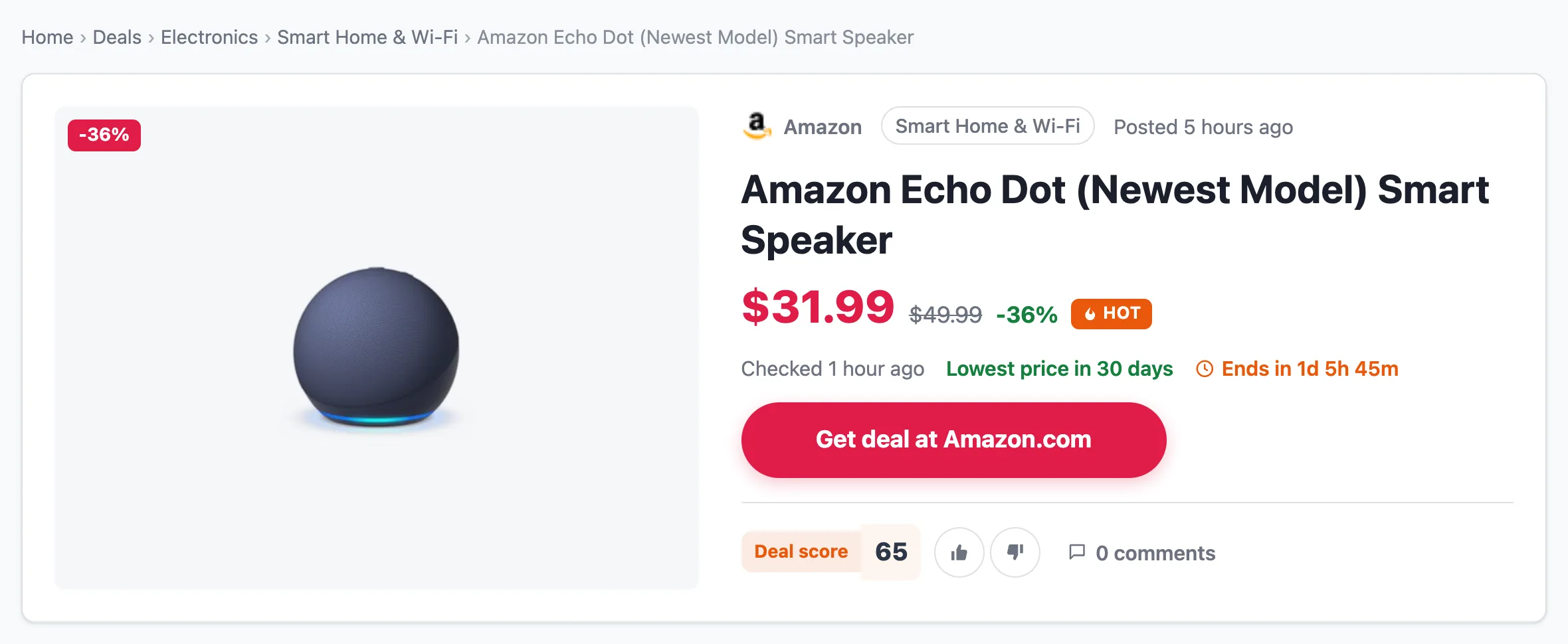 A deal page: breadcrumbs, product image, store, category, price with old price and discount, Hot badge, Get deal at Amazon.com button and deal score voting