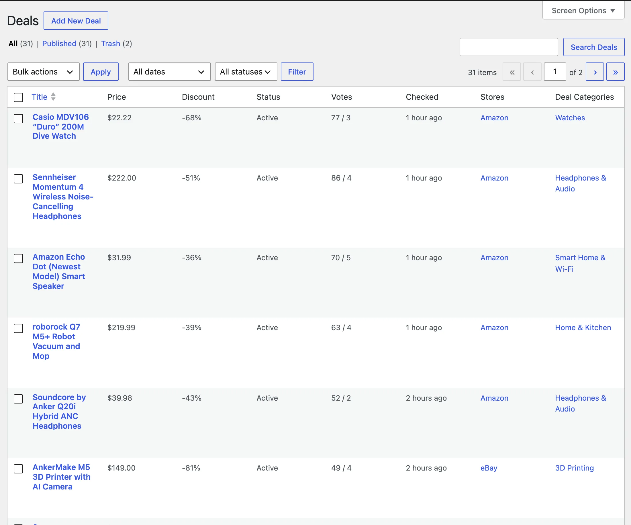 Deals → All Deals with price, discount, status and votes columns