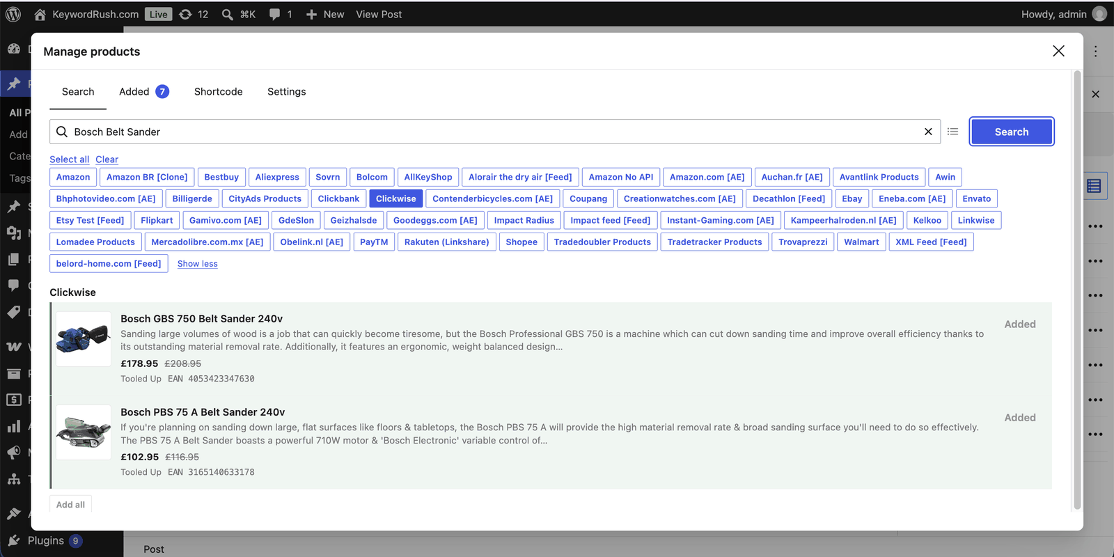 Searching Clickwise products in the WordPress editor with Content Egg