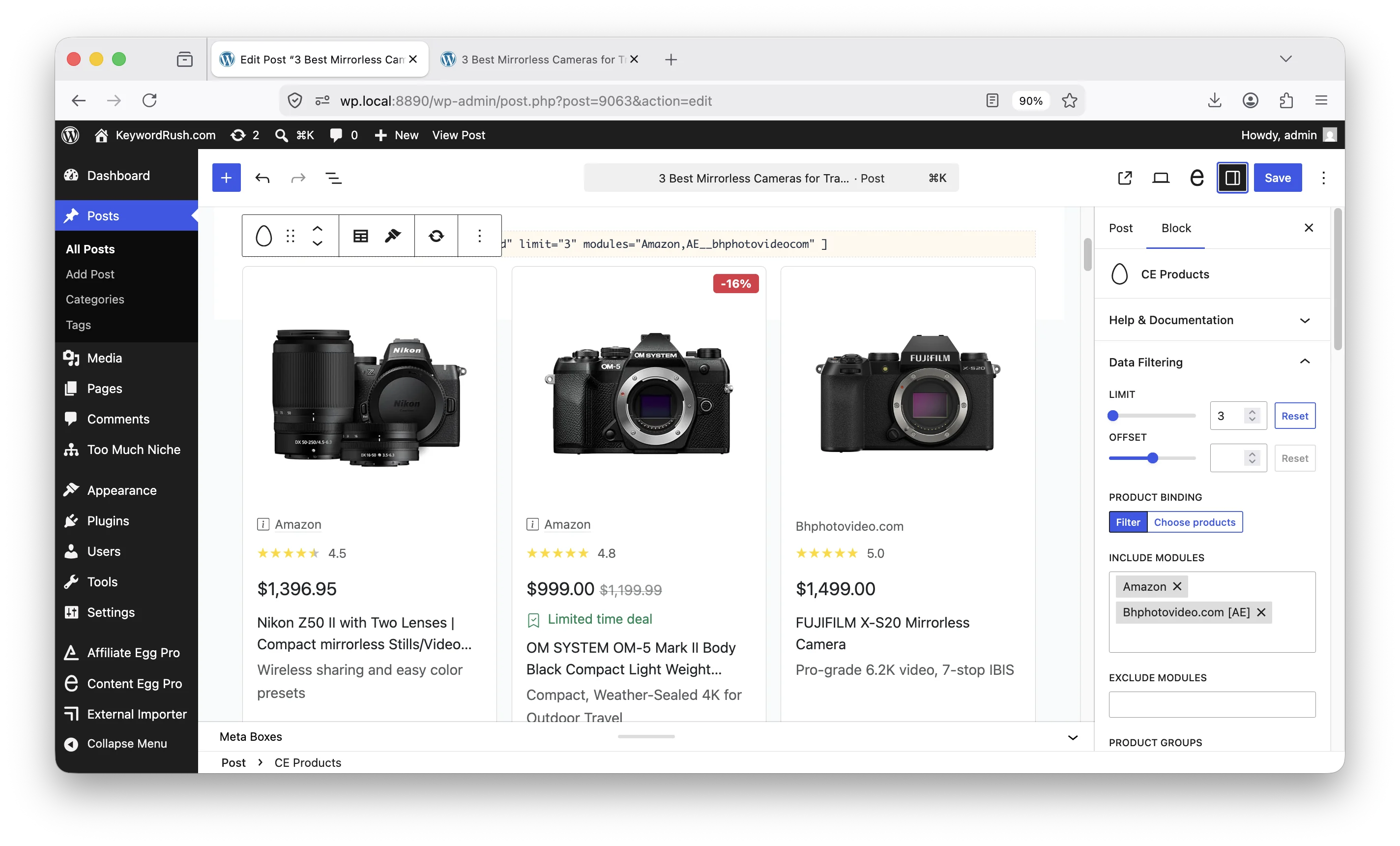 A Products block and Egg Blocks in the WordPress editor