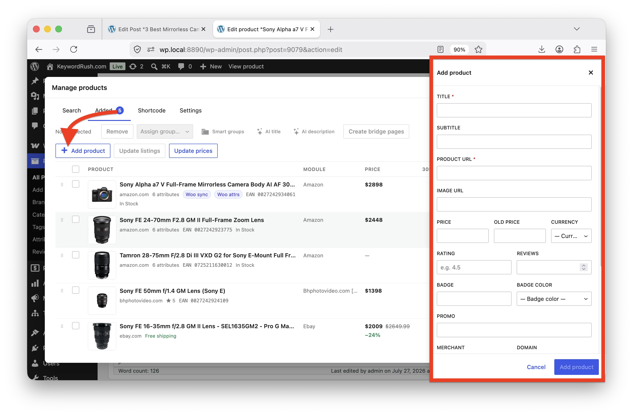 Adding a custom product with + Add product on the Added tab