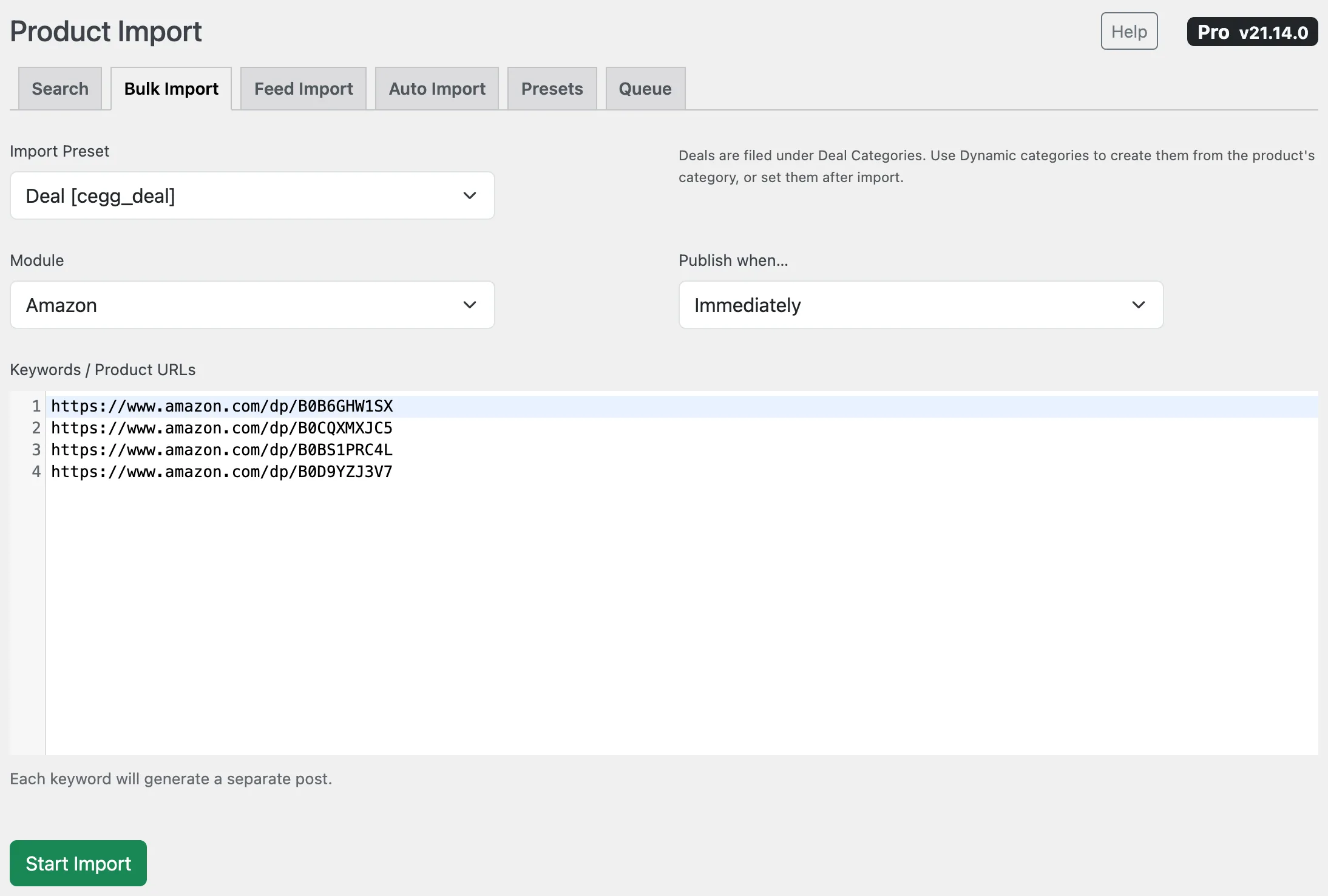 Bulk Import with the Deal preset selected and product URLs pasted