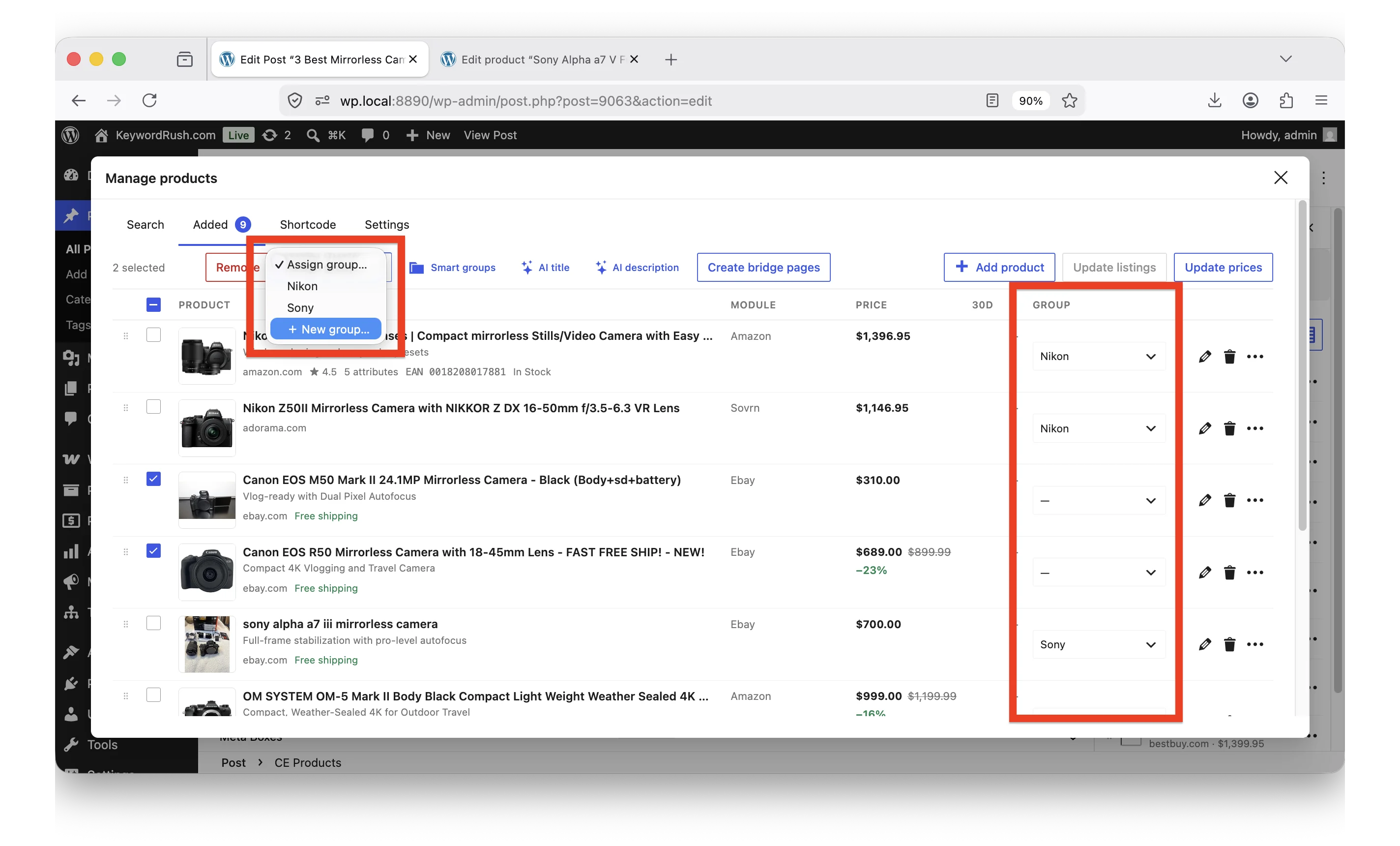 Assigning products to a group on the Added tab