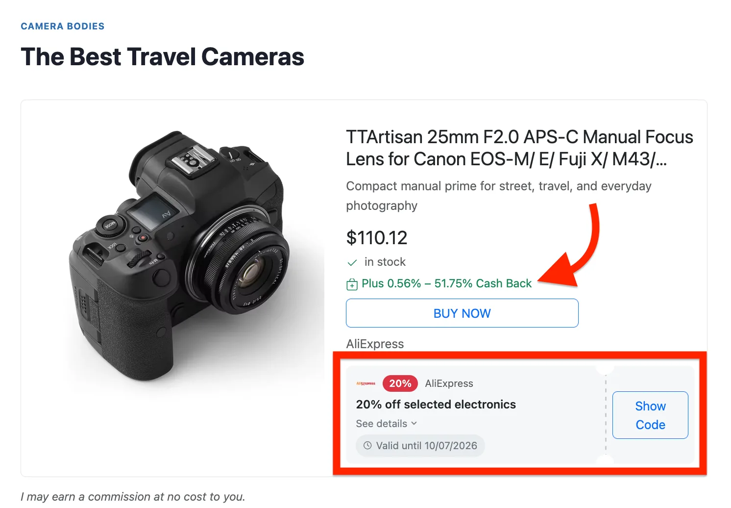 A product card showing a green "Plus 0.56% – 51.75% Cash Back" line under the price, and a coupon card with a Show Code button below the Buy now button