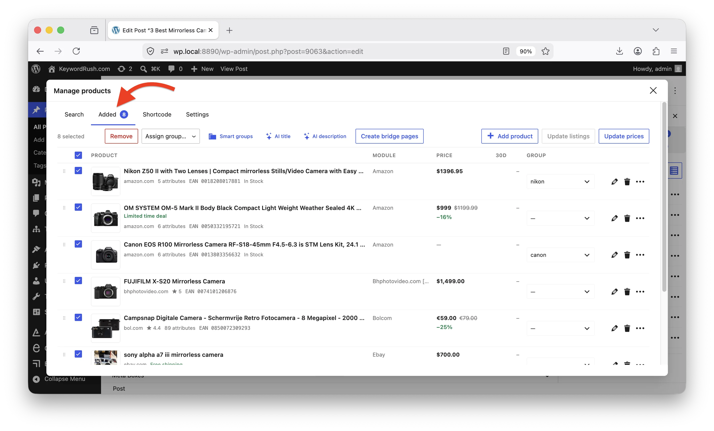 The Added tab of the product manager