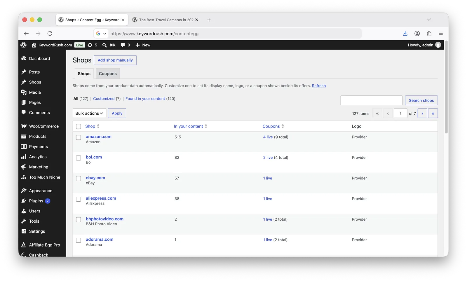 The Shops screen listing every shop found in your product data