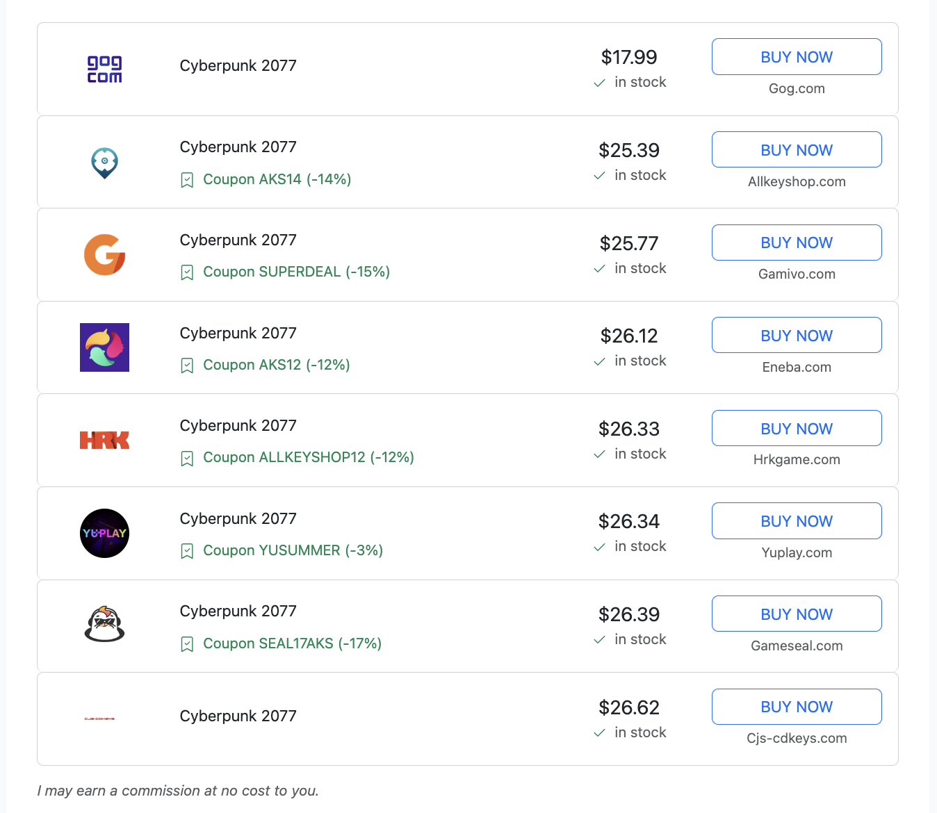 Game key price comparison table in WordPress showing merchants, prices and coupon codes