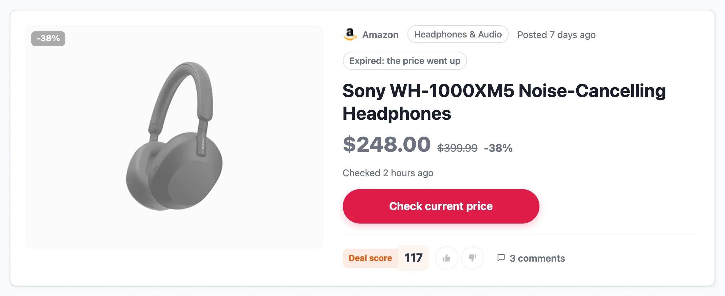 An expired deal: greyed-out image and an 'Expired: the price went up' label