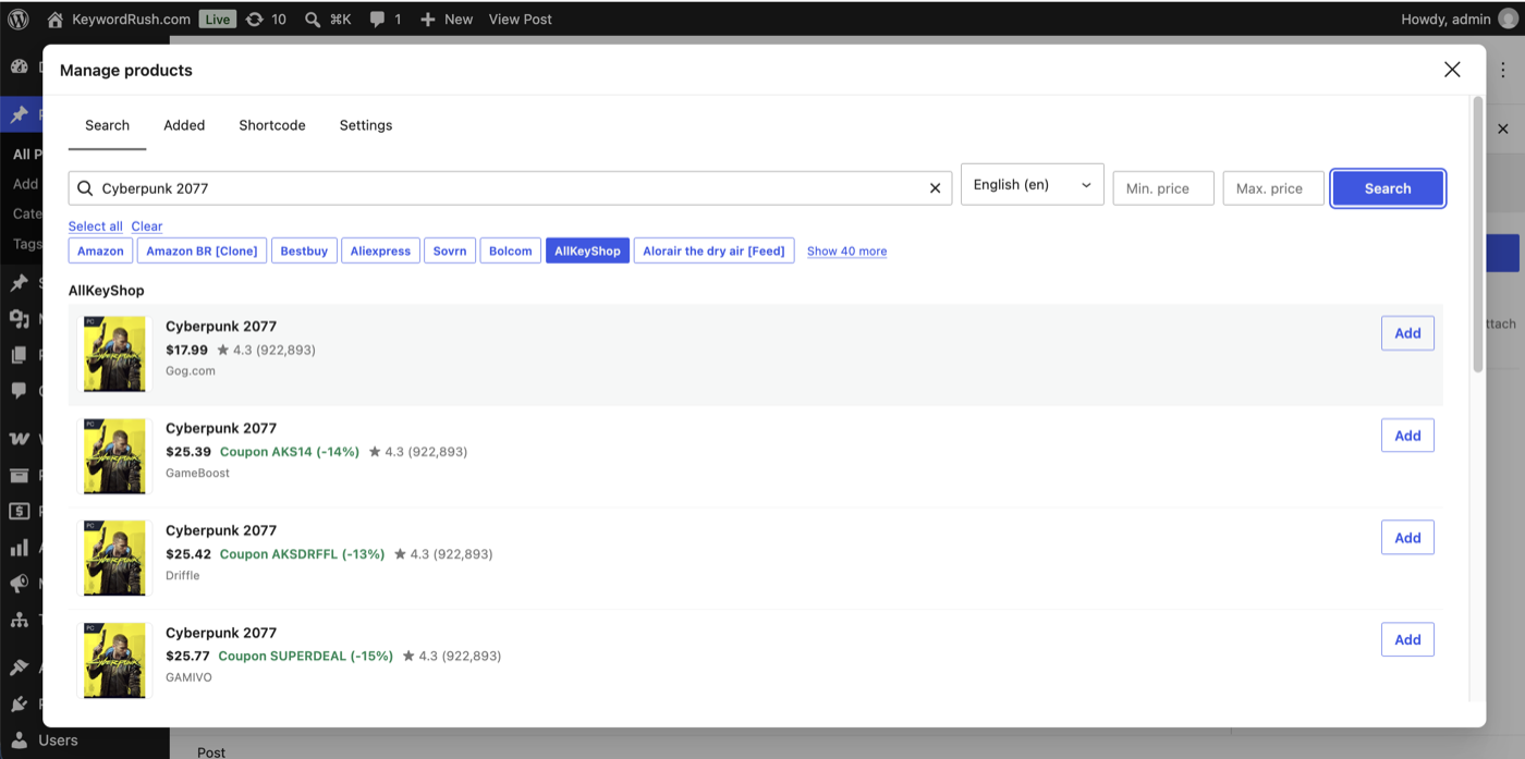 Searching AllKeyShop for Cyberpunk 2077 in the WordPress editor